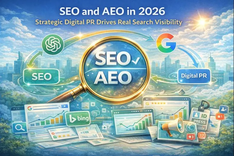 Illustration of SEO and AEO in 2026 showing a magnifying glass, digital PR, analytics dashboards, and search platforms to represent modern search visibility.