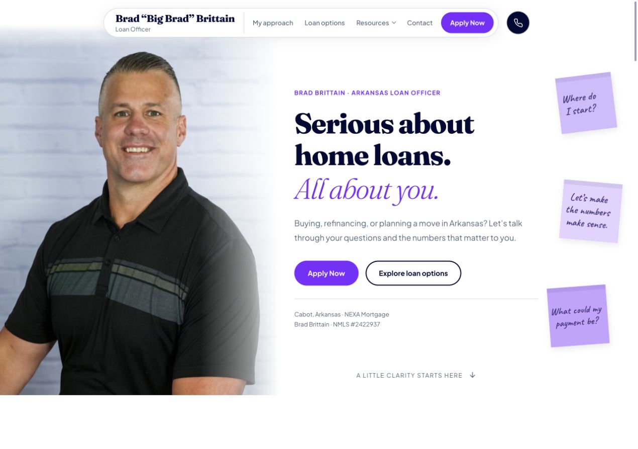 Personal loan officer landing page with an adviser introduction and a clear consultation link.