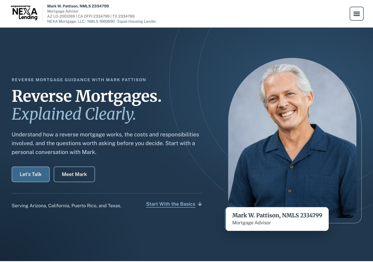 Mortgage Landing Page Projects 2 Reverse mortgage homepage with a personal adviser photograph, an explanation of the service and an invitation to talk.