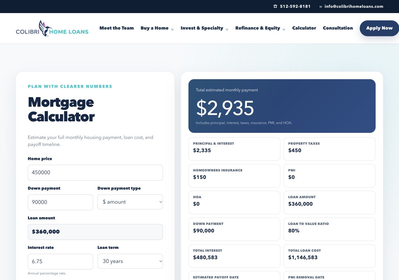 Mortgage Team Website Project 4 Mortgage calculator with planning inputs and a monthly payment breakdown, showing the website’s default example figures.
