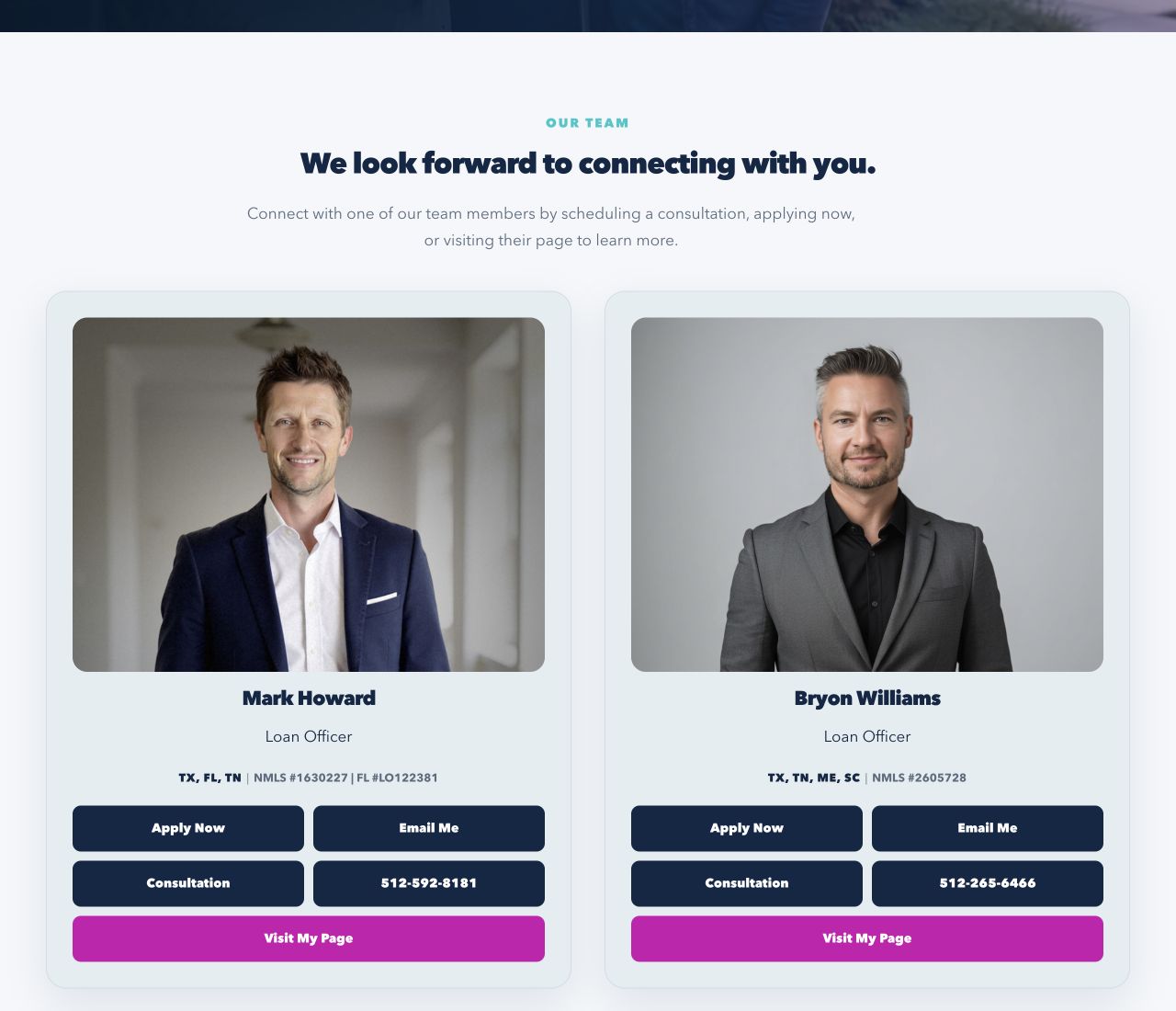 Mortgage Team Website Project 2 Two loan officer cards with photographs, licensing details and personal application, email, consultation and profile links.