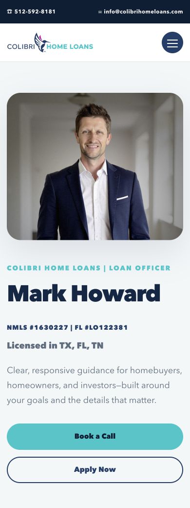 Mortgage Team Website Project 3 Individual loan officer profile on mobile, showing a photograph, biography introduction, licensing details, Book a Call and Apply Now.