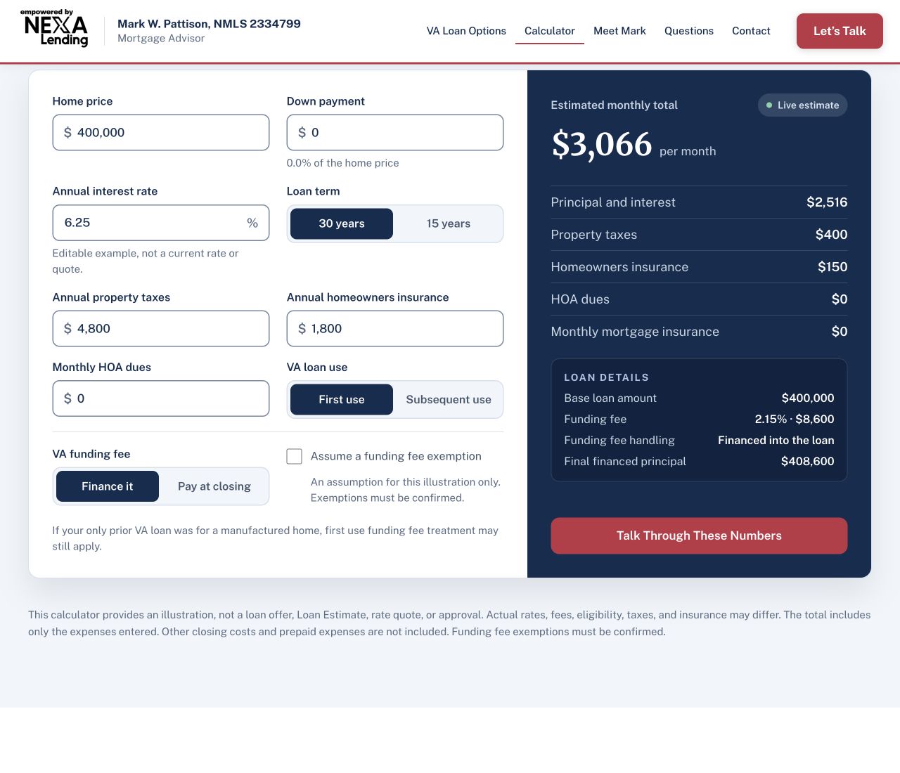 Mortgage Landing Page Projects 4 VA mortgage calculator with editable planning inputs, an illustrative monthly payment breakdown and the assumptions behind the example.