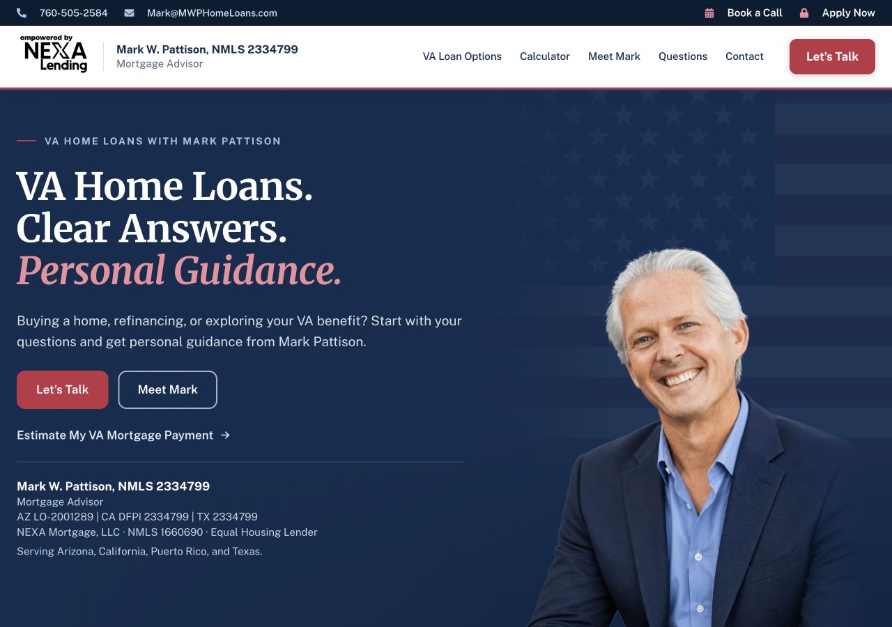 Mortgage Landing Page Projects 3 VA home loan homepage with a personal adviser photograph, purchase and refinance introduction, contact buttons and a payment calculator link.