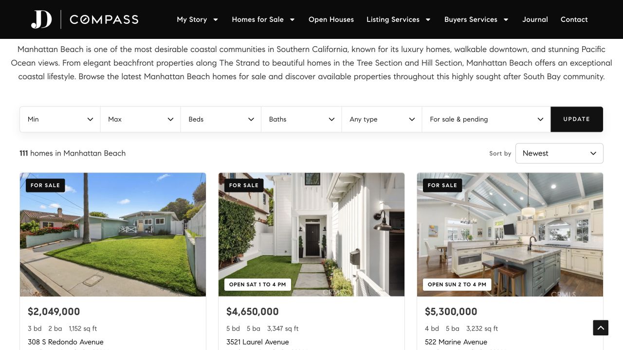 Real Estate Website Project 2 City property search showing price, bedroom, bathroom, home type and status filters above property listing cards.