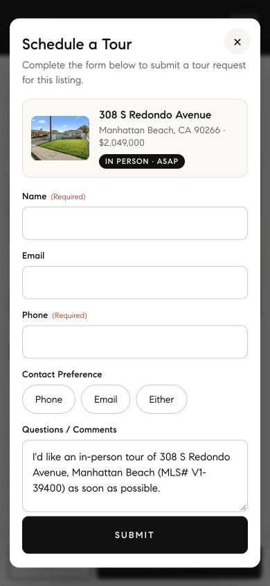 Real Estate Website Project 4 Tour request form with the selected home and MLS number already included and empty contact fields.